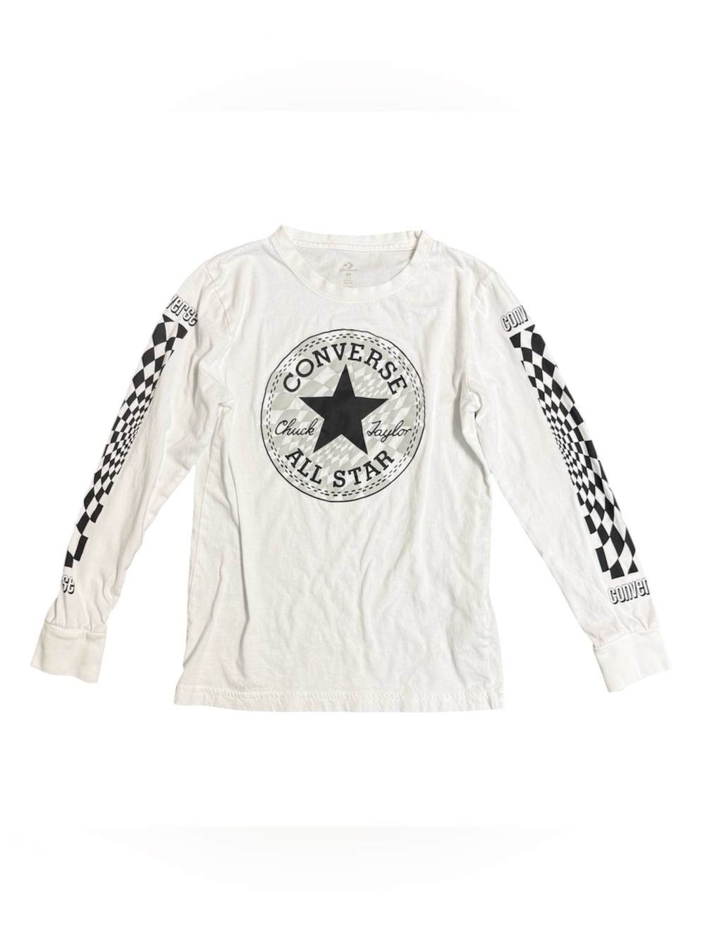 Converse White Long Sleeve All Star Checkerboard Sleeve Tee size medium 10-12